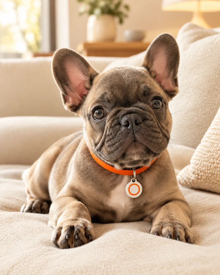 Un cachorro de bulldog francés con su chapita