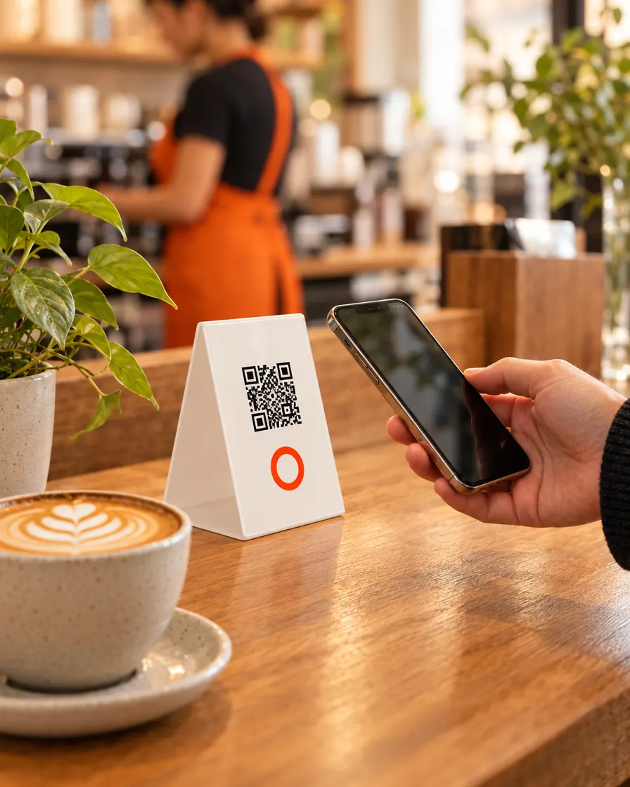 En un café, un cliente acerca el celular a un exhibidor relinkea en la mesa
