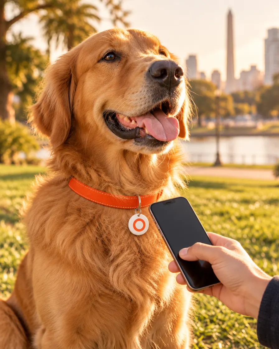 Un golden retriever con su chapita relinkea mientras le acercan un celular