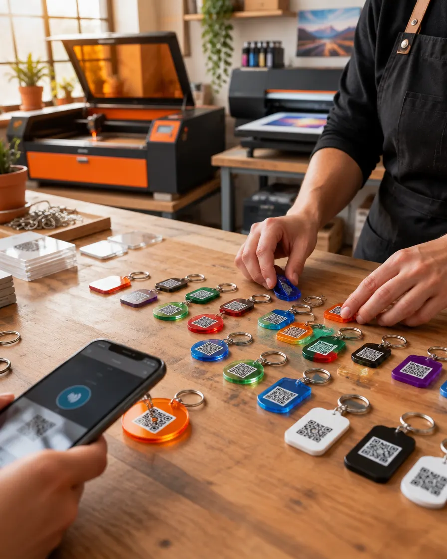 Taller con llaveros NFC recién fabricados y un celular escaneando uno