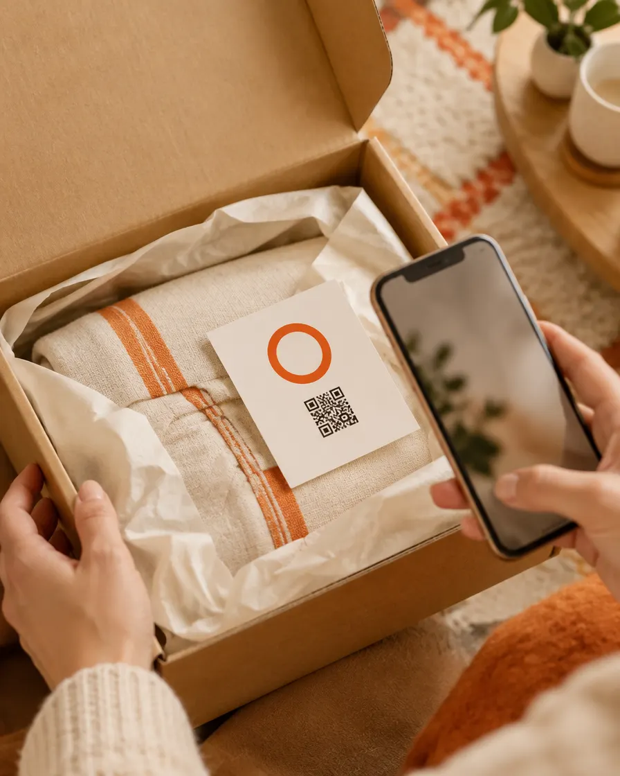 A person opens a package with a Relinkea thank-you card and their phone