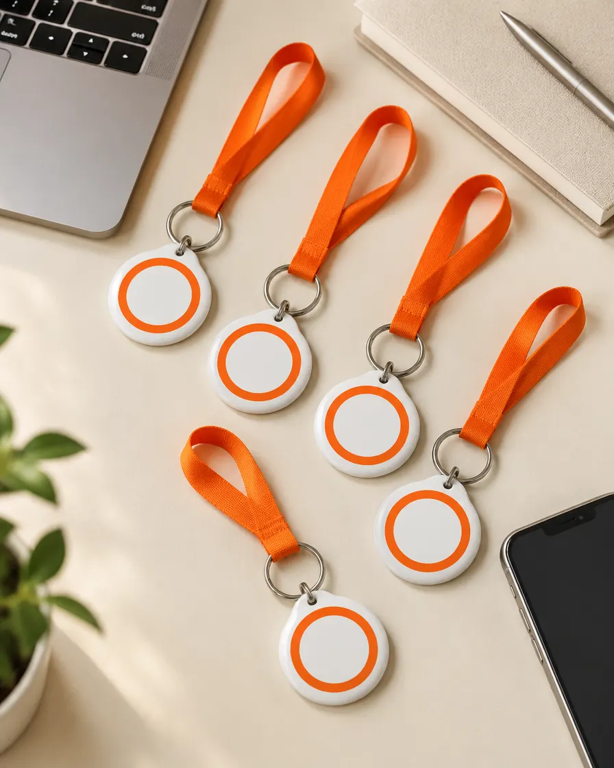 Llaveros NFC Relinkea con la marca de una empresa sobre un escritorio