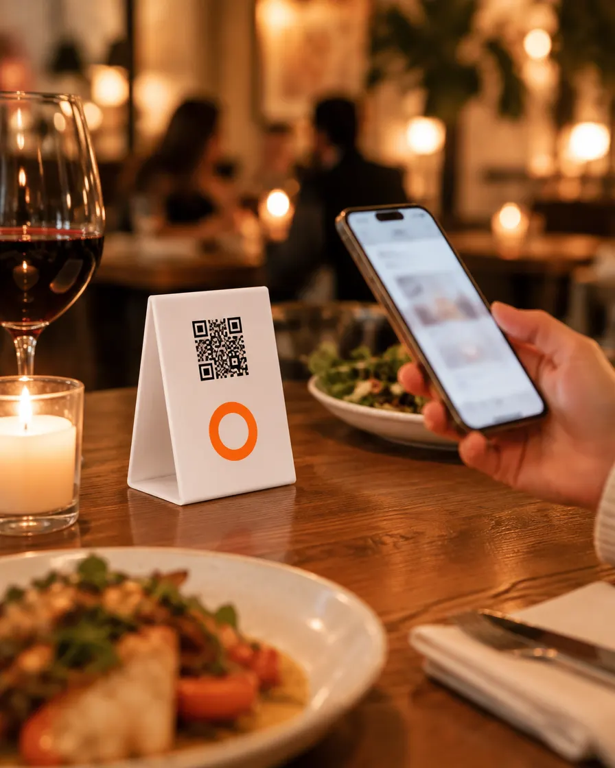 Mesa de restaurante con una tarjeta de mesa Relinkea y un celular