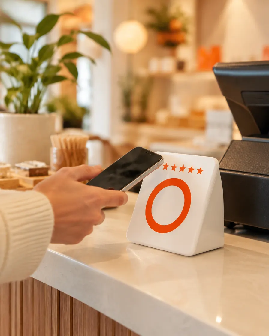 A customer holds their phone near a Relinkea review plate on the counter