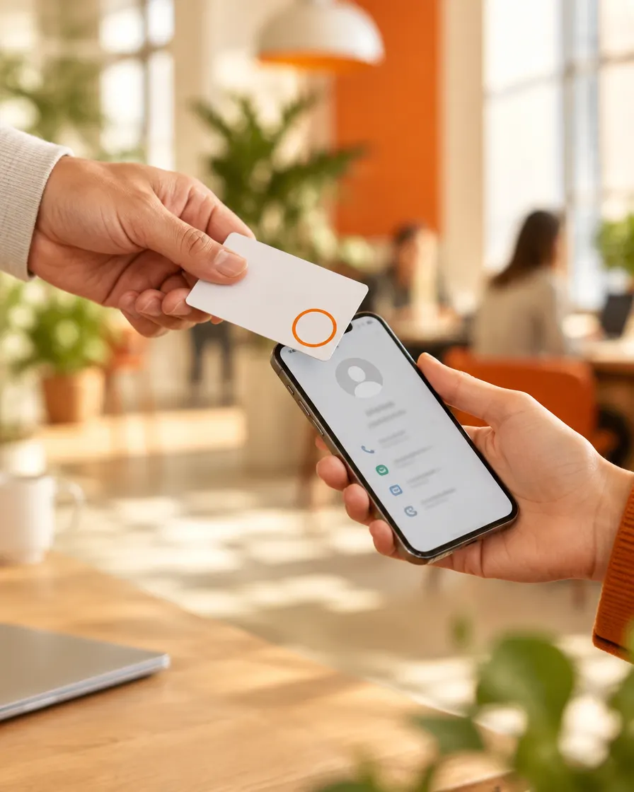 Una tarjeta personal NFC Relinkea acercada a un celular